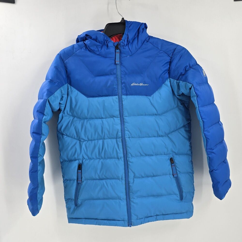 Eddie Bauer Children’s Down Ascent Puffer Hooded Jacket Kids M Blue Color-block